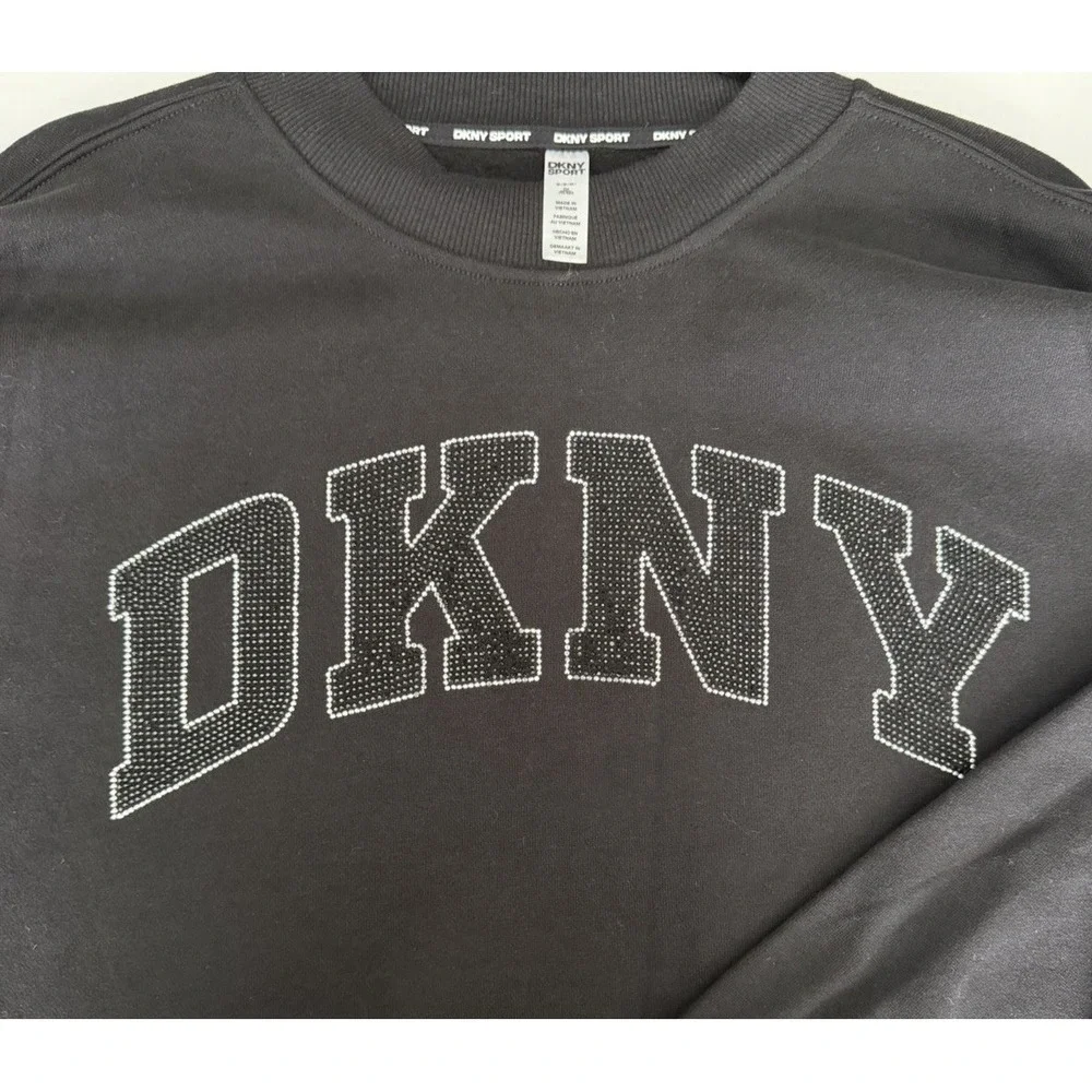 DKNY Sport Black Sweatshirt Women Size M Rhinestone Logo Crewneck Pullover - Picture 8 of 8